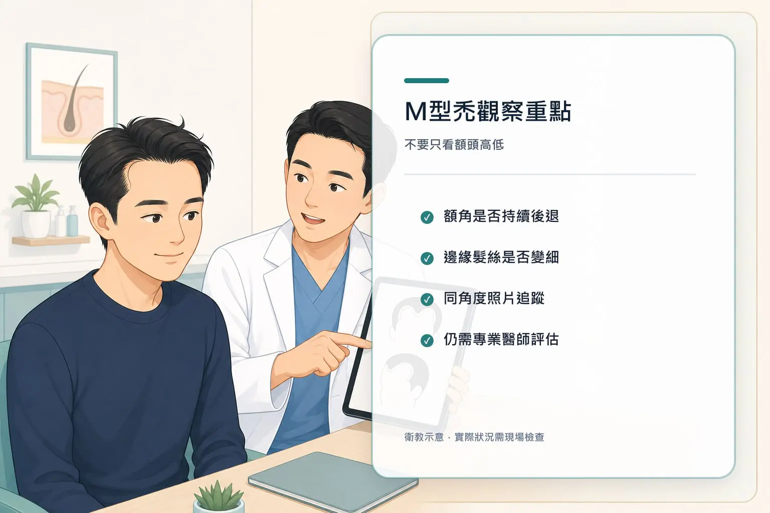 M型禿觀察重點卡通衛教圖