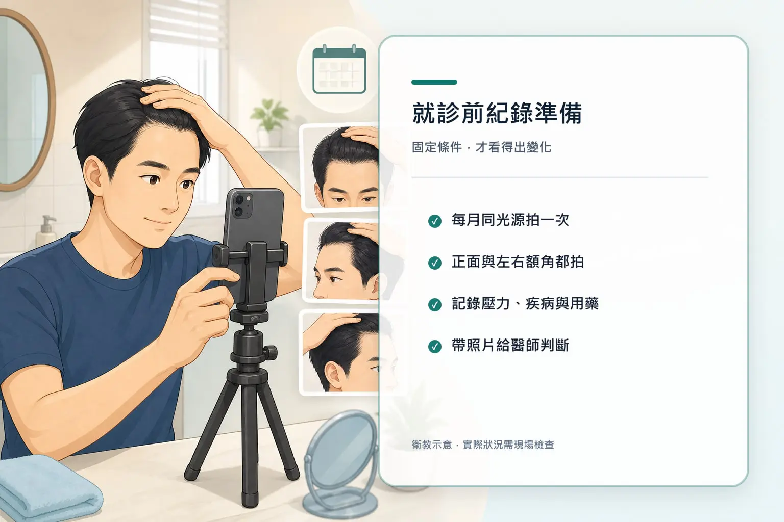 M型禿就診前照片紀錄卡通衛教圖