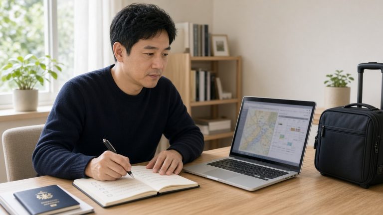 男子坐在居家書桌前，桌上有護照、登機箱、筆記本與顯示模糊地圖的筆電，他正低頭在筆記本上寫字