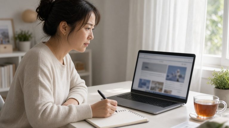 女性坐在居家書桌前，筆電螢幕顯示模糊的網頁廣告橫幅，她一邊在筆記本上寫字