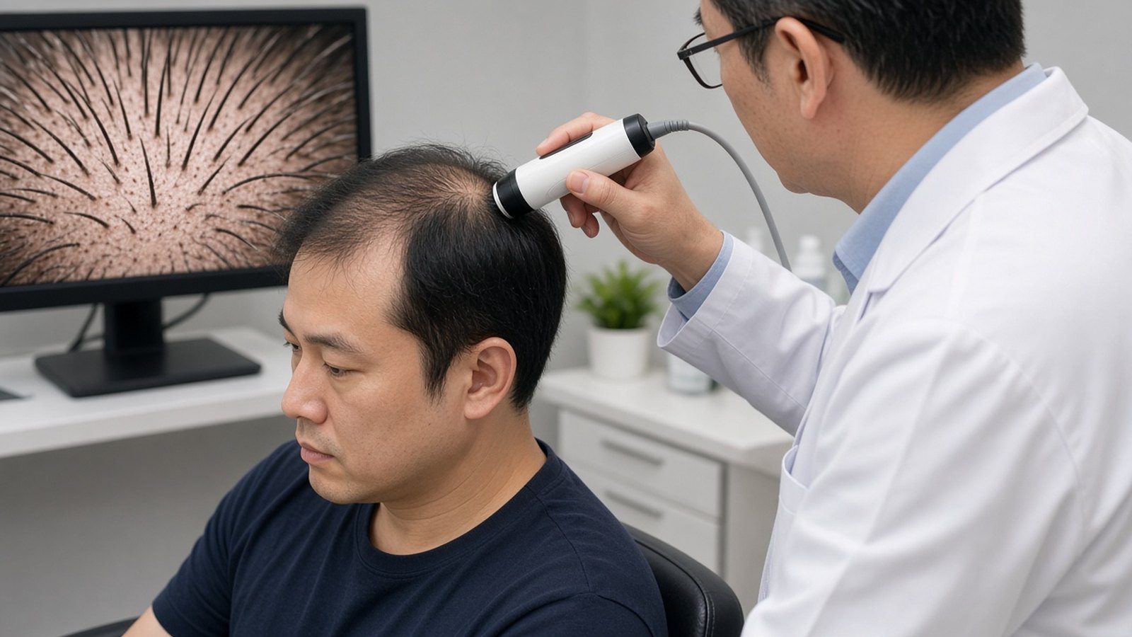 醫師用毛髮鏡檢查男性頭頂,螢幕顯示放大影像