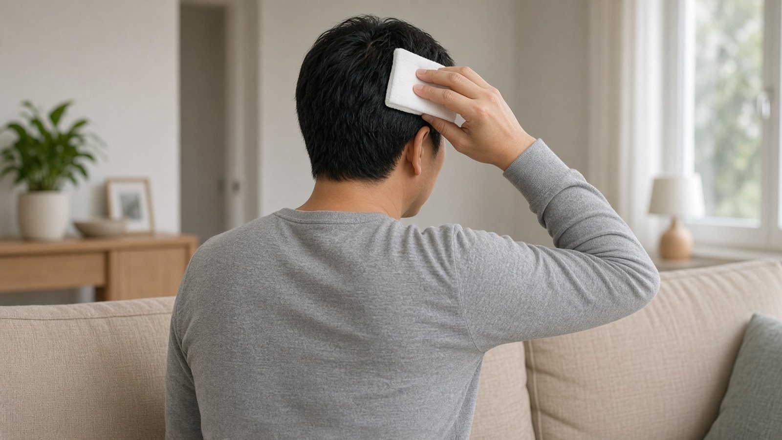 男性坐著用紗布輕壓後腦傷口