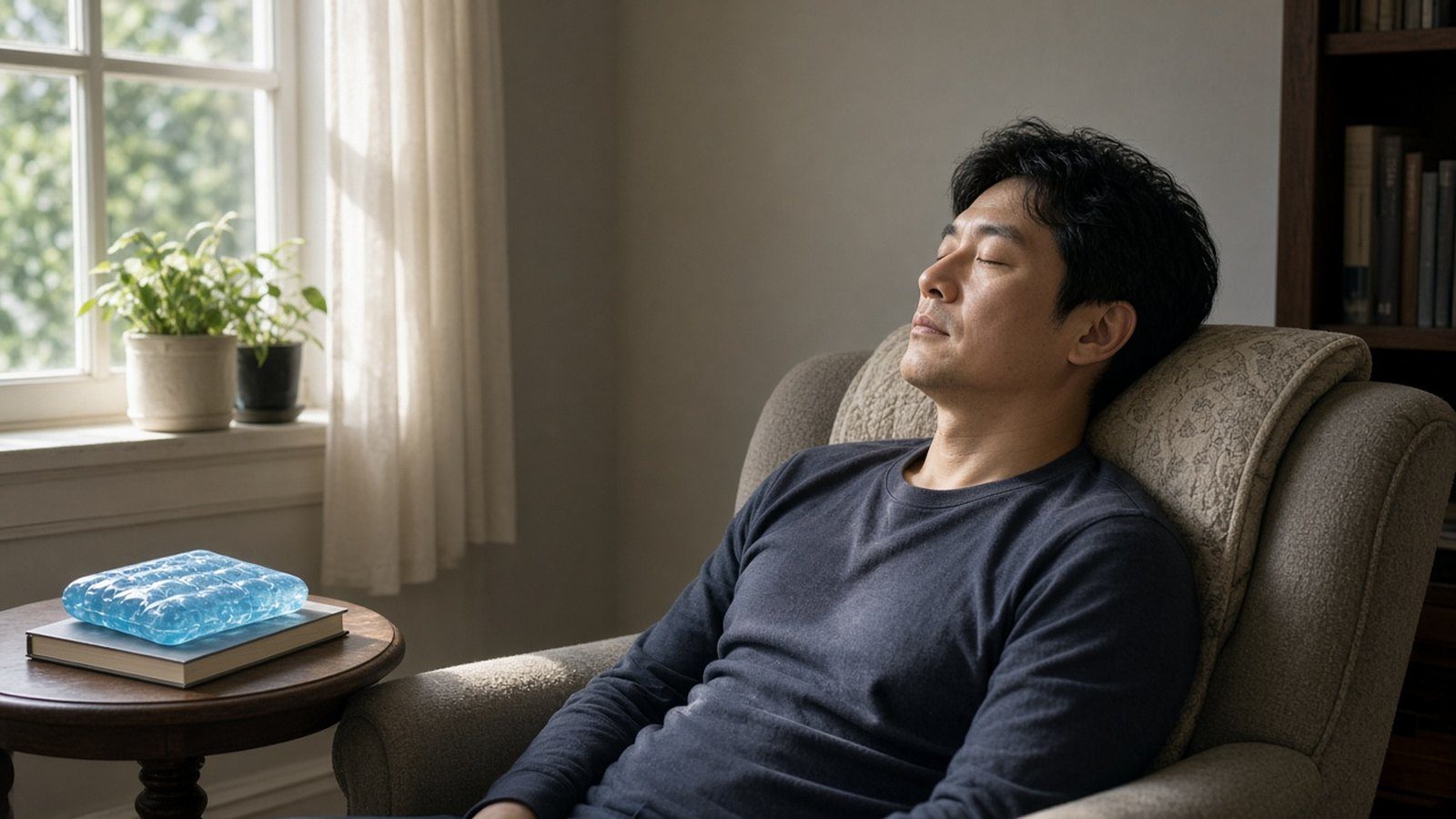 男性術後在沙發上墊高頭部休息
