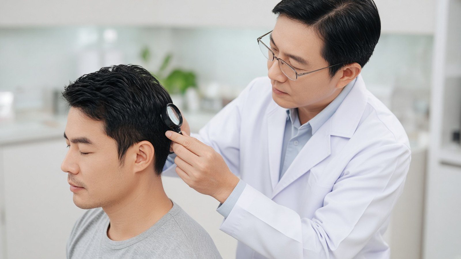 醫師在診間用放大鏡檢查男性側邊頭皮與髮質