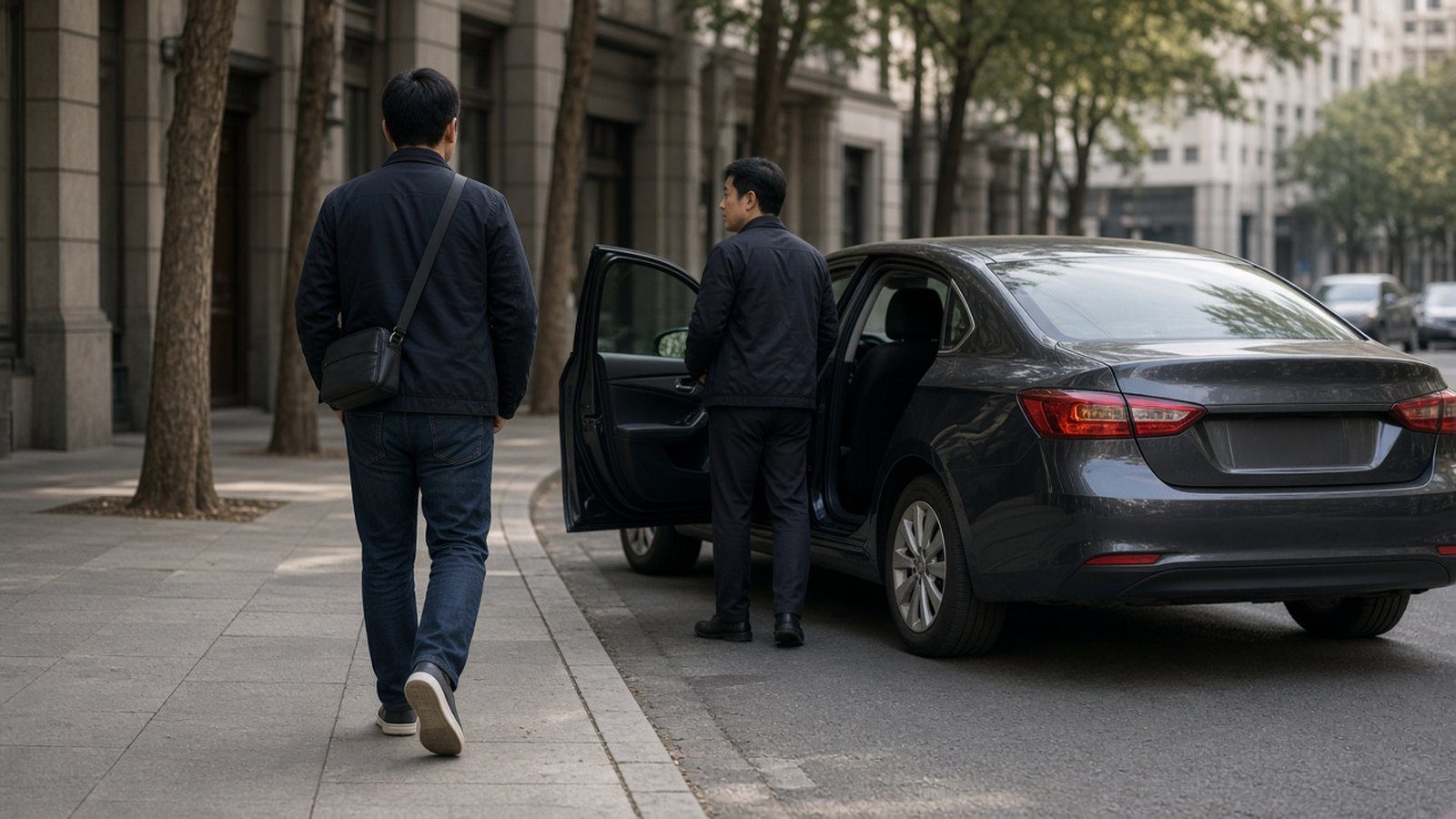 男性背著小包走向路邊打開車門的汽車,準備術後返家