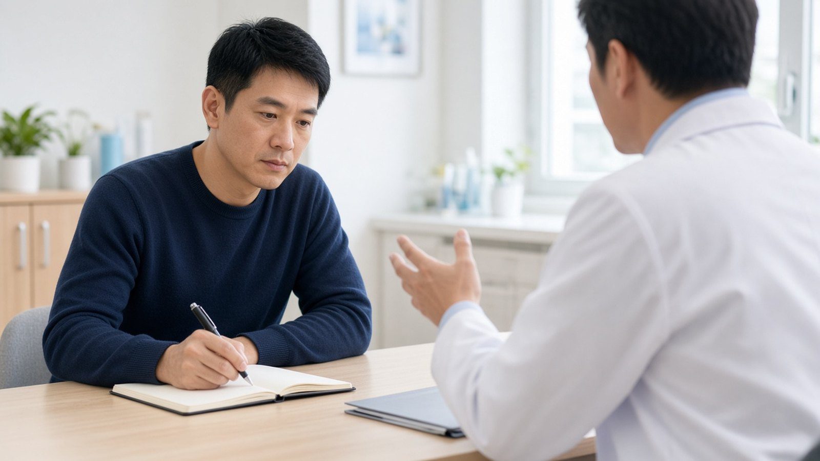 男性隔著桌子邊聽醫師說明邊做筆記