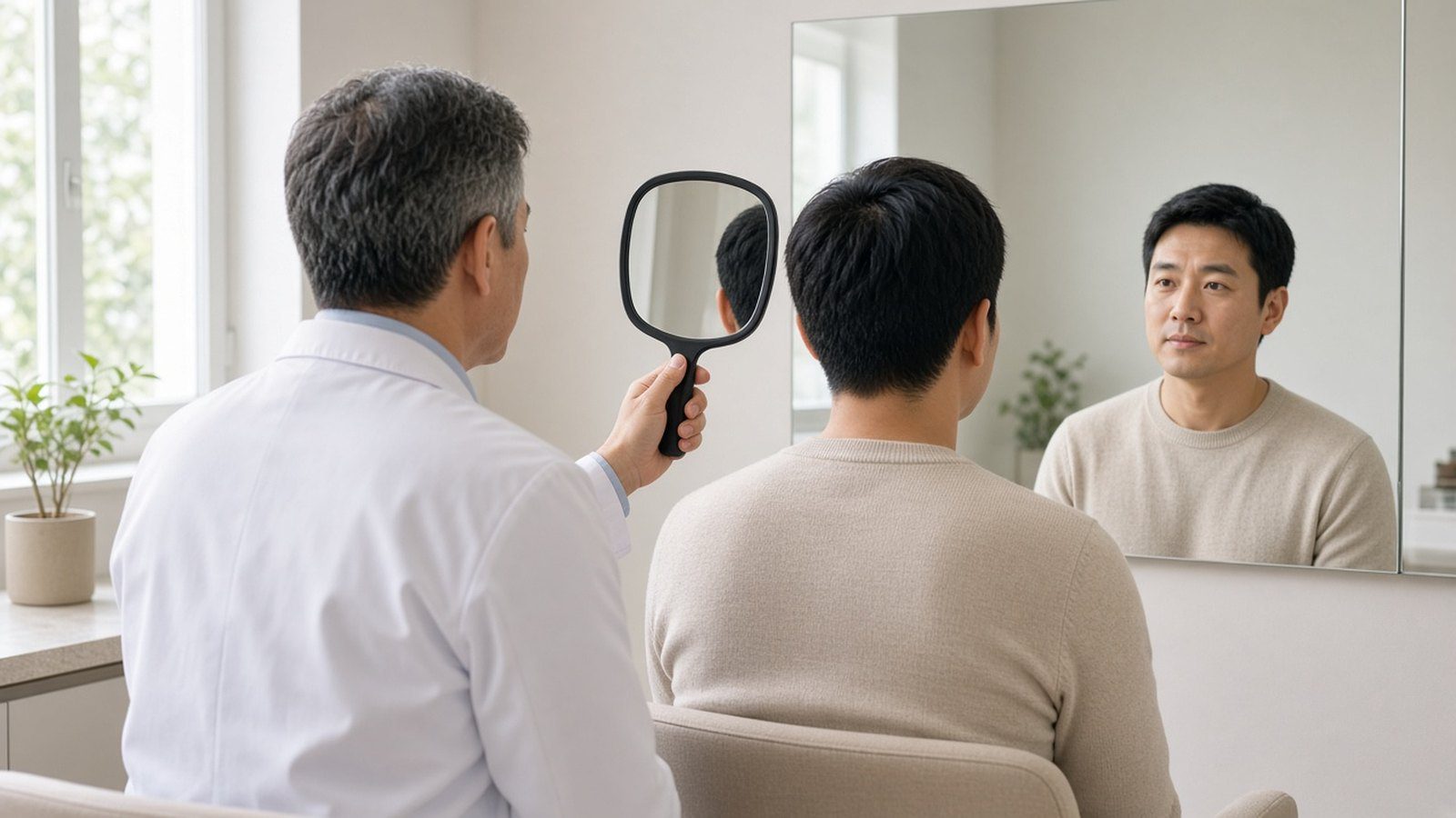 醫師拿鏡子讓男性看自己後枕部的供髮區