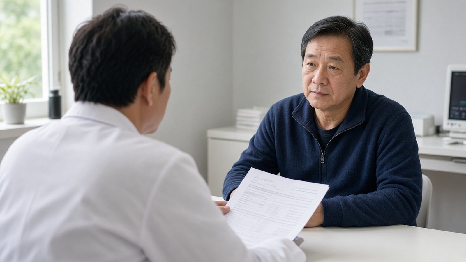 醫師與五十多歲男性一起檢視藥單與健檢報告