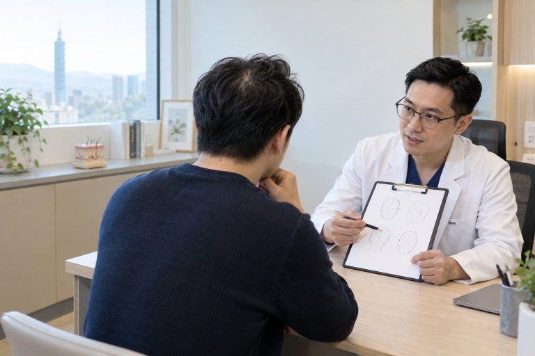 醫師與患者討論乾癬頭皮穩定度及植髮評估