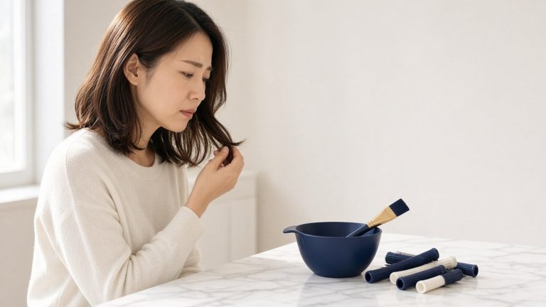 女性坐在大理石桌旁低頭查看髮尾，桌上放著深藍色染髮碗、染髮刷與燙髮捲子，象徵染燙後的斷髮與髮質評估