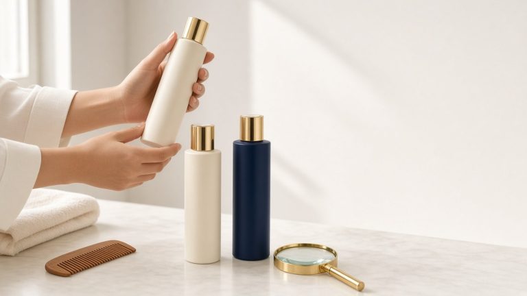 手持無品牌洗髮精瓶與梳子、毛巾、放大鏡的頭皮清潔衛教示意圖