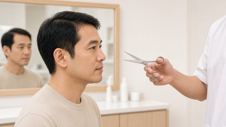 植髮後剪頭髮前，理髮師把剪刀停在髮際線外的示意