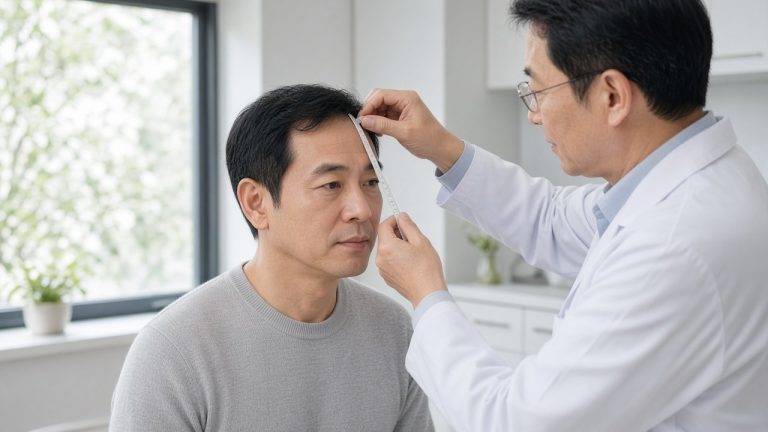 髮際線位置設計衛教示意：診間測量眉心至髮際線比例