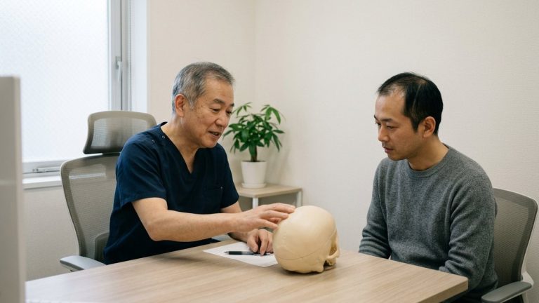 成熟亞洲成年男性與專科醫師討論大面積巨量植髮毛囊分配規劃