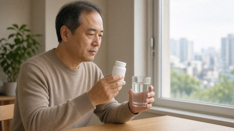 窗邊檢視口服藥瓶，評估是否繼續服用