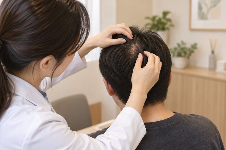醫師在診間檢查患者頭皮與毛髮的衛教示意圖