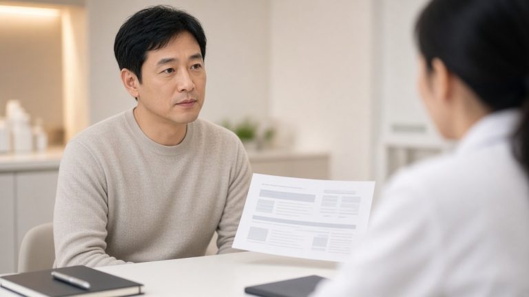 植髮後口服藥衛教示意：診間討論落髮管理與用藥追蹤