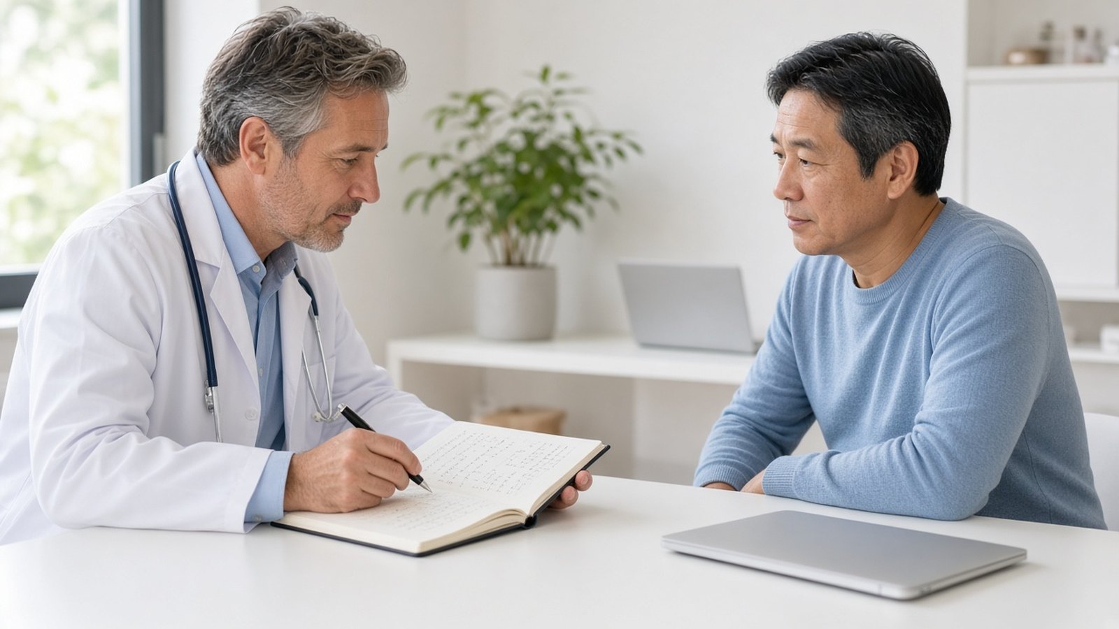 醫師在診間翻閱患者的血壓紀錄並與患者討論
