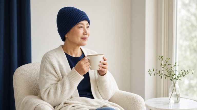 戴著深藍色針織毛帽的女性坐在窗邊扶手椅上，雙手捧著馬克杯望向窗外，象徵化療期間的掉髮與照護