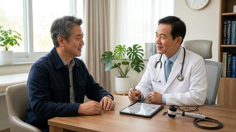 醫師與成熟男性在診間討論血糖控制與植髮手術評估，象徵糖尿病患者術前全方位健康評估