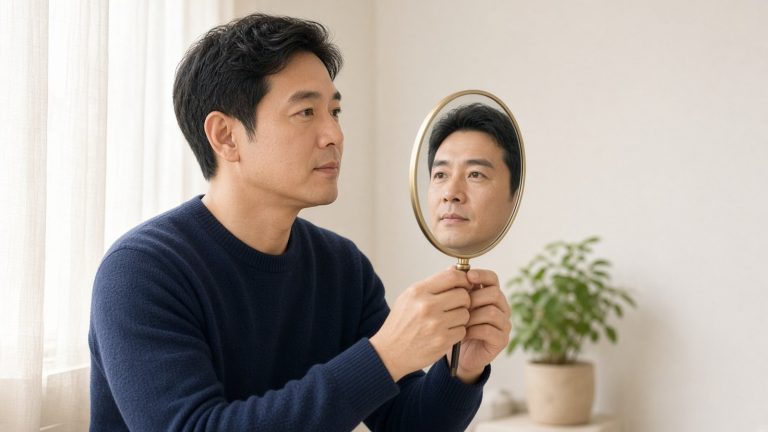 窗邊的男性拿著圓形手鏡查看前額髮際線，象徵植髮後觀察移植毛囊的存活與生長