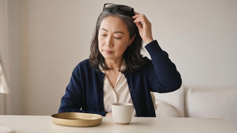 50 多歲女性撥開頭頂分線，留意更年期髮量變化
