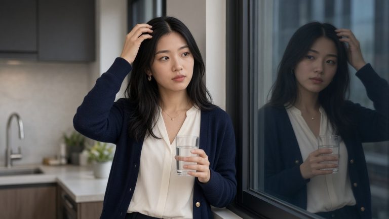 年輕女性在窗邊摸著分線留意頭頂髮量