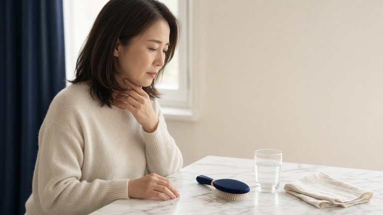坐在窗邊的女性指尖輕觸頸部前方，看著桌上的梳子，象徵甲狀腺與掉髮的關聯