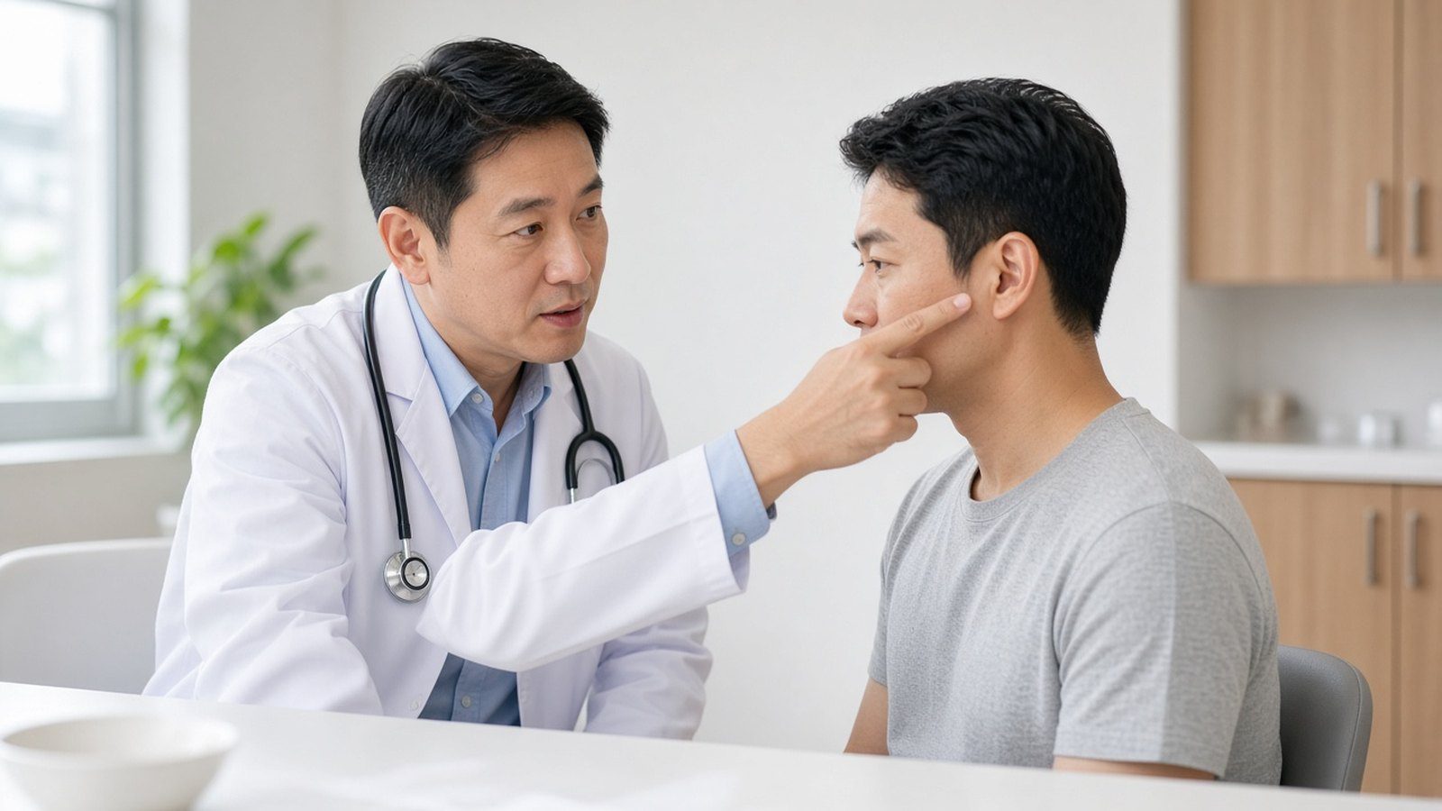 醫師在診間檢查患者頭部側面的頭髮