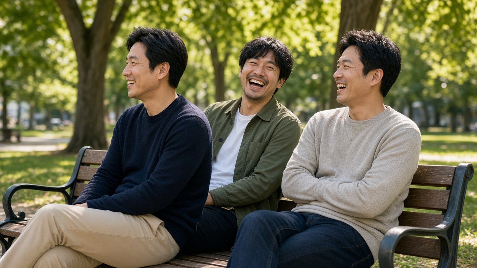 三位朋友在公園長椅上輕鬆聊天