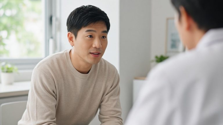 年輕男性在診間向醫師詢問植髮疑問