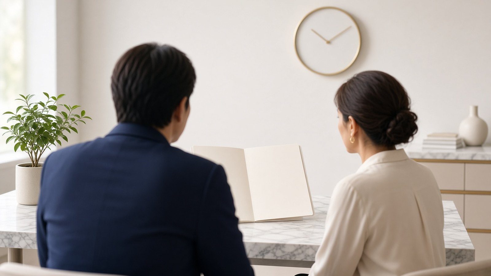 診間內穿深藍外套的男士與一位女士背對鏡頭,隔著大理石桌面對攤開的空白資料夾