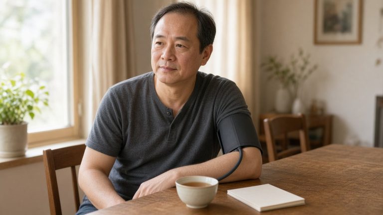 男性在家中餐桌旁量血壓，桌上放著茶杯與筆記本