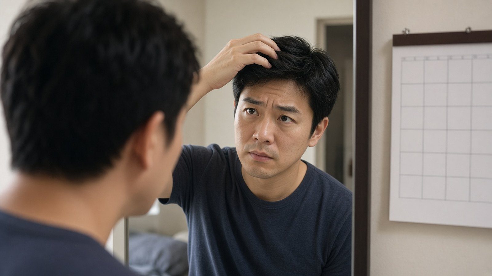 男性在月曆旁對著鏡子查看頭髮