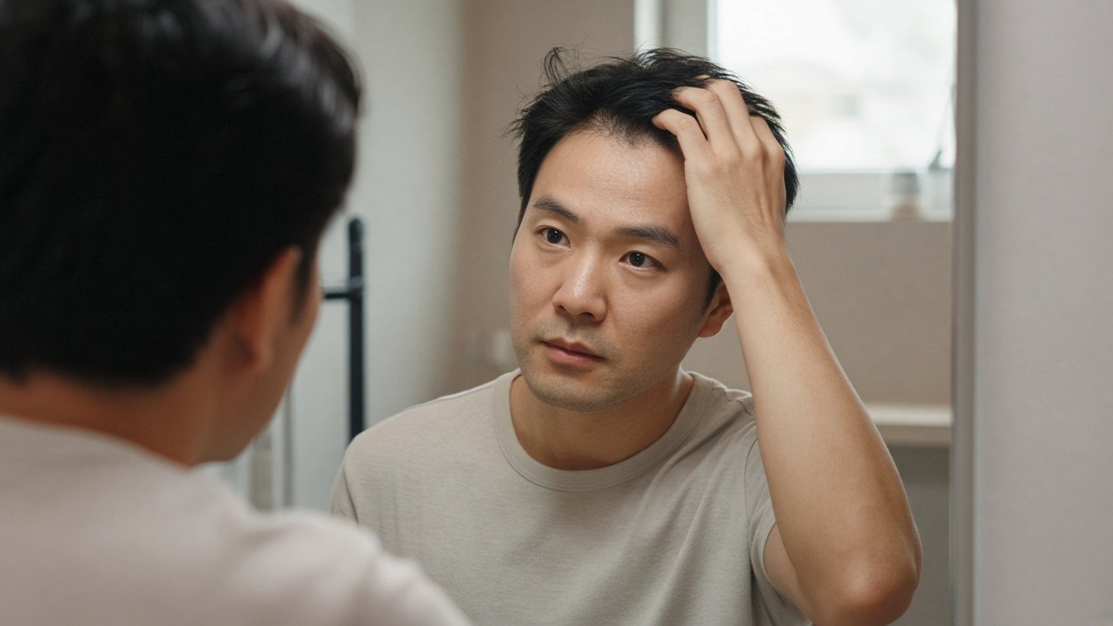 男性在鏡前撥起瀏海查看髮際線