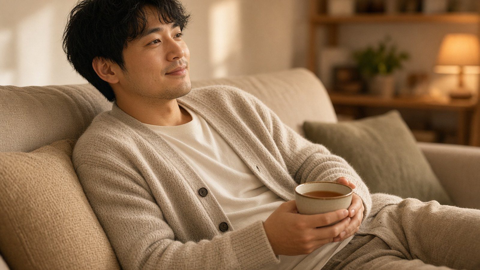男性術後在家喝茶休息
