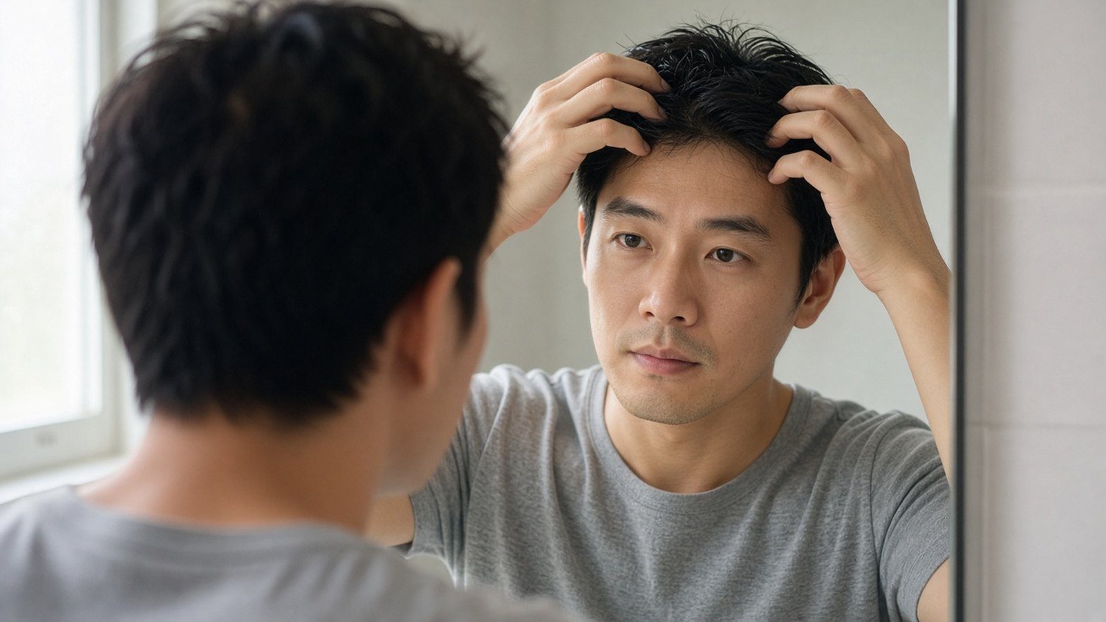 男性在浴室鏡前按摩頭皮