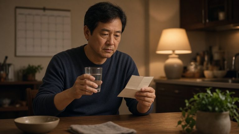 中年男性在家中拿著水杯閱讀用藥說明
