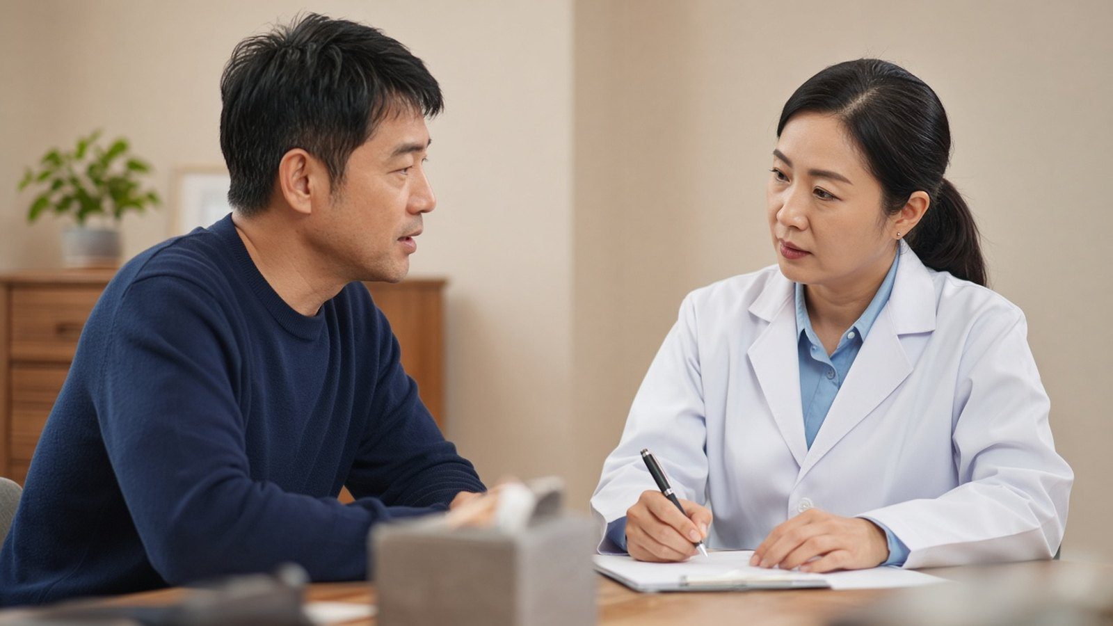 患者在診間向醫師說明健康狀況，桌上放著紀錄