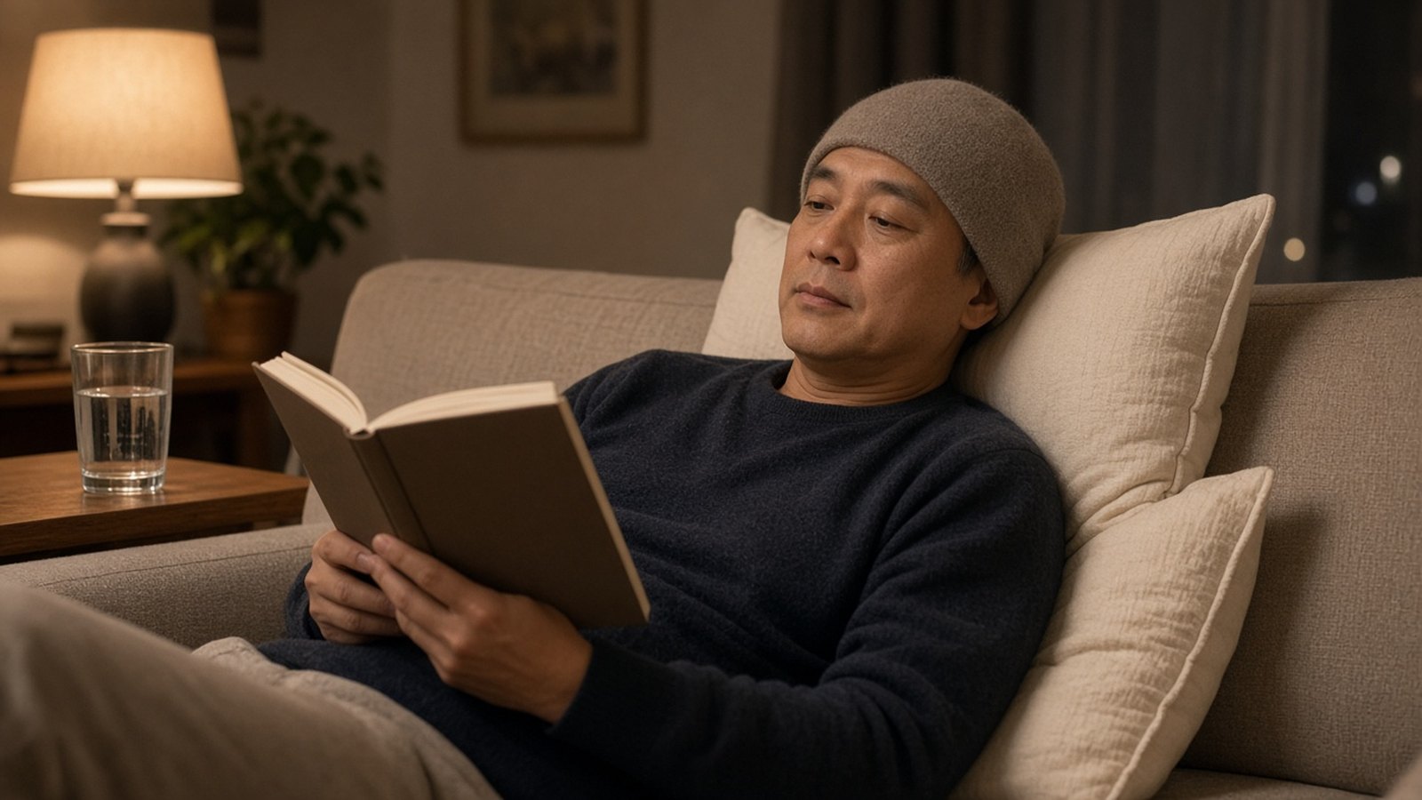 男性術後在家中沙發墊高頭部休息看書
