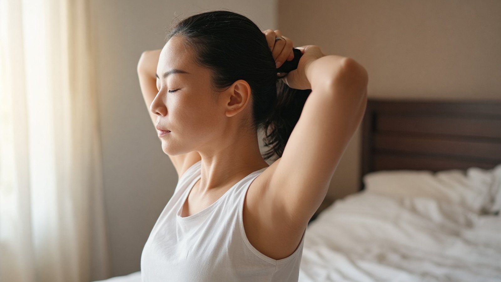 女性綁起頭髮，露出額頭側面